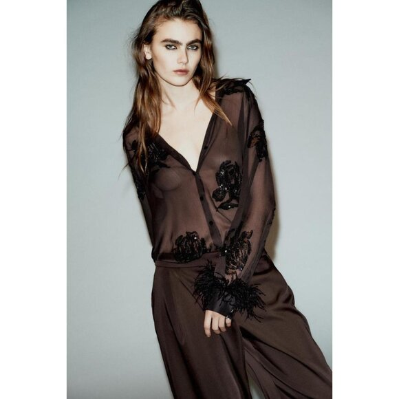 ZARA SEMI-SHEER SEQUIN FEATHER BLOUSE - Picture 2 of 8